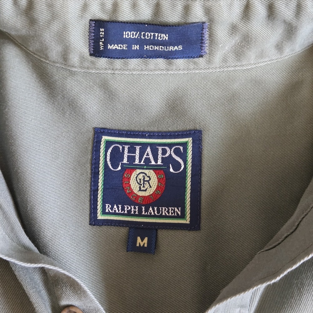 Vintage Chaps Ralph Lauren Short Sleeve Button Up Crest Logo Mens M Olive Green - Picture 4 of 8